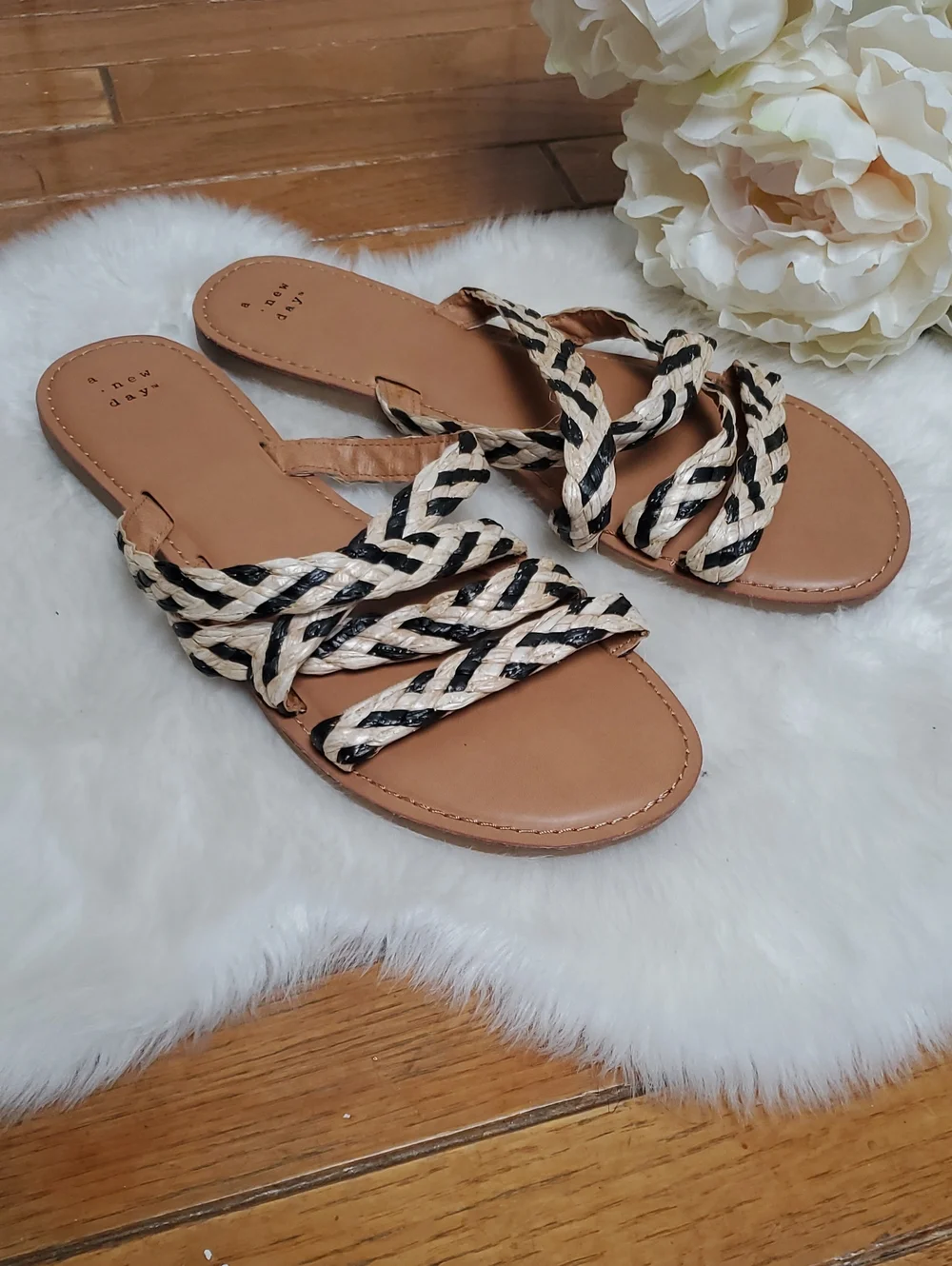 a new day Tan Footbed Braided Slide Sandals with Black and Tan Straps